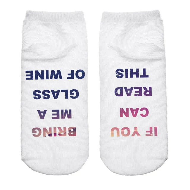 1 Pairs IF YOU CAN READ THIS Socks Women Funny White Low Cut Ankle Socks Hot Sale 2017 Bring Me A Glass Of Wine