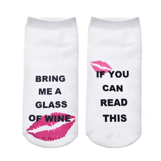 1 Pairs IF YOU CAN READ THIS Socks Women Funny White Low Cut Ankle Socks Hot Sale 2017 Bring Me A Glass Of Wine