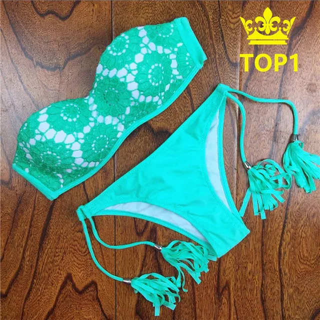 2017 Brazilian Bikini Women Crochet Lace Swimsuit Sexy Bathing Suit Swimwear Bandeau Bikinis Set Biquine Maillot De Bain