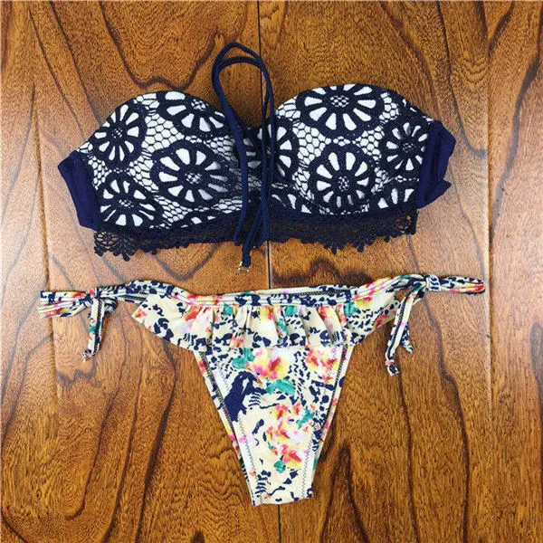 2017 Brazilian Bikini Women Crochet Lace Swimsuit Sexy Bathing Suit Swimwear Bandeau Bikinis Set Biquine Maillot De Bain