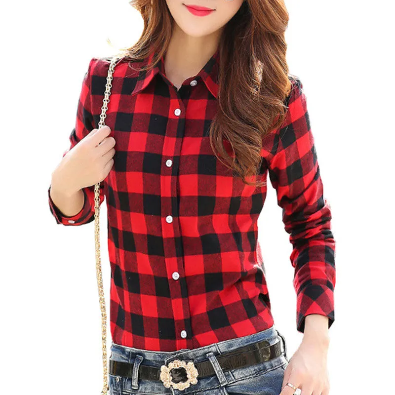 2017 Hot Sale Women Shirts tops new 100% Cotton Plaid Shirt Fashion Female Student Women's Long-sleeve Plus Size Basic Blouses