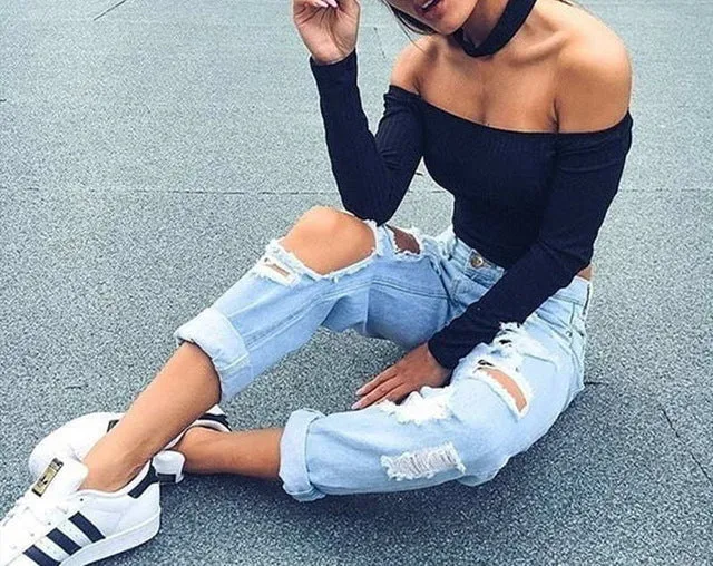 Autumn new 2017 off shoulder crop top t shirts hot sale long sleeve solid short t-shirts for women clothing fashion slim t-shirt