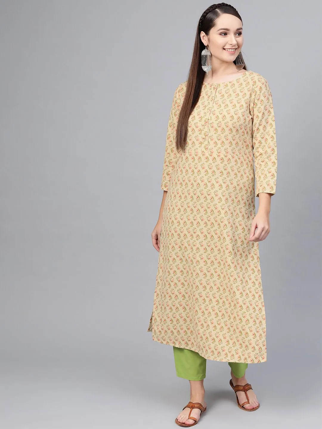 Beige Floral Printed Kurta Set With Solid Green Pants