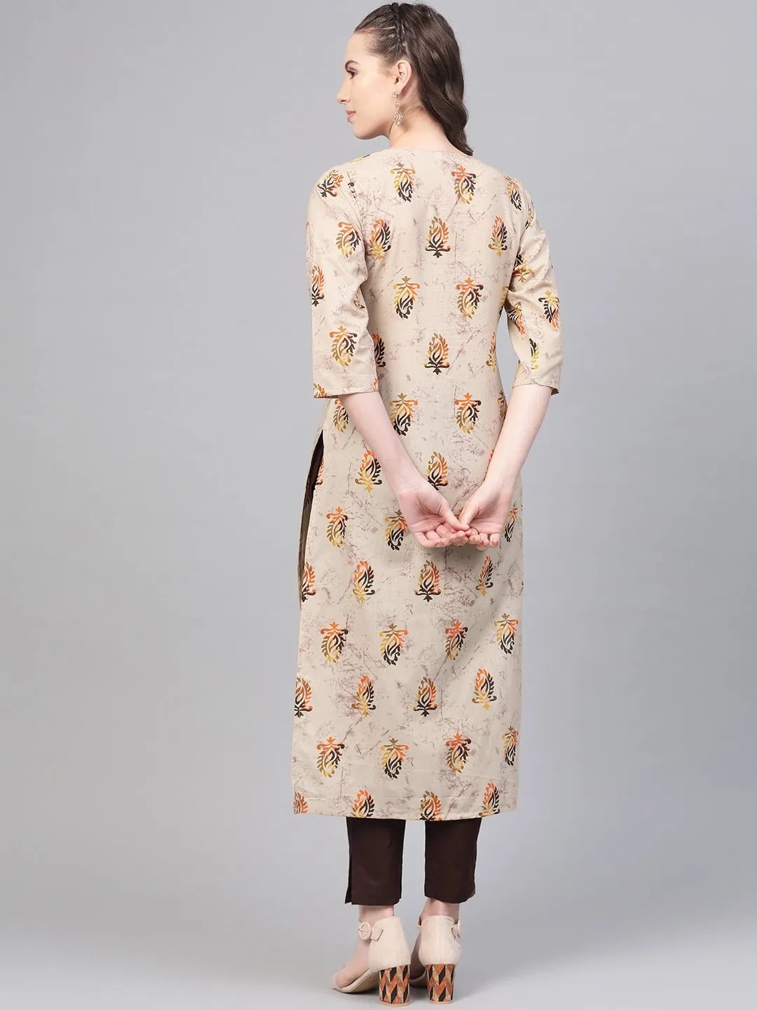 Beige With Multi Colored Floral Kurta With Solid Chocolate Brown Pants