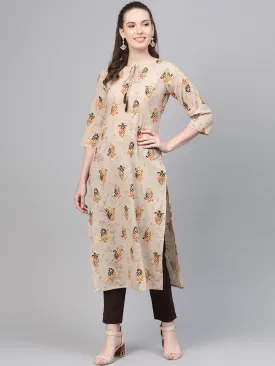 Beige With Multi Colored Floral Kurta With Solid Chocolate Brown Pants