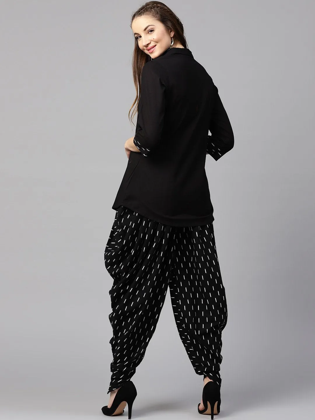 Black 3/4Th Sleeve Cotton Shirt With Black Printed Dhoti