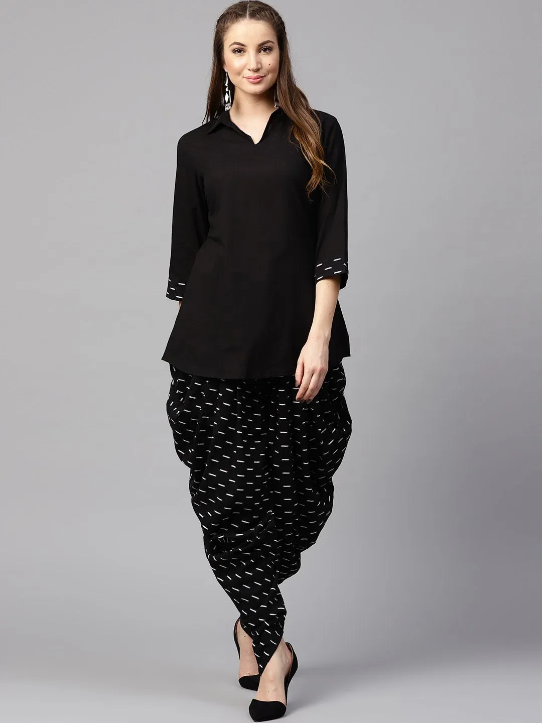 Black 3/4Th Sleeve Cotton Shirt With Black Printed Dhoti