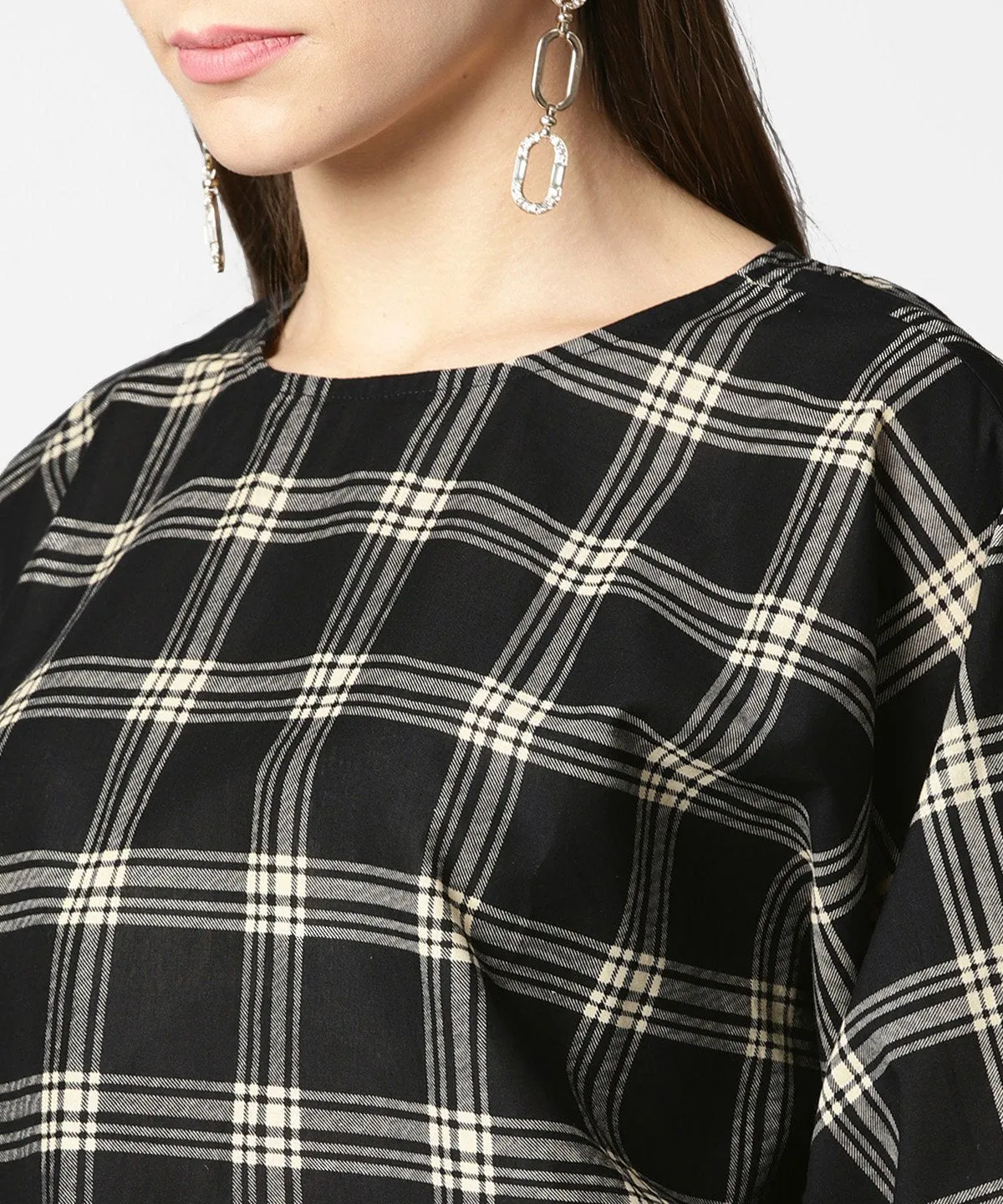 Black Check Flared Sleeve Cotton Top