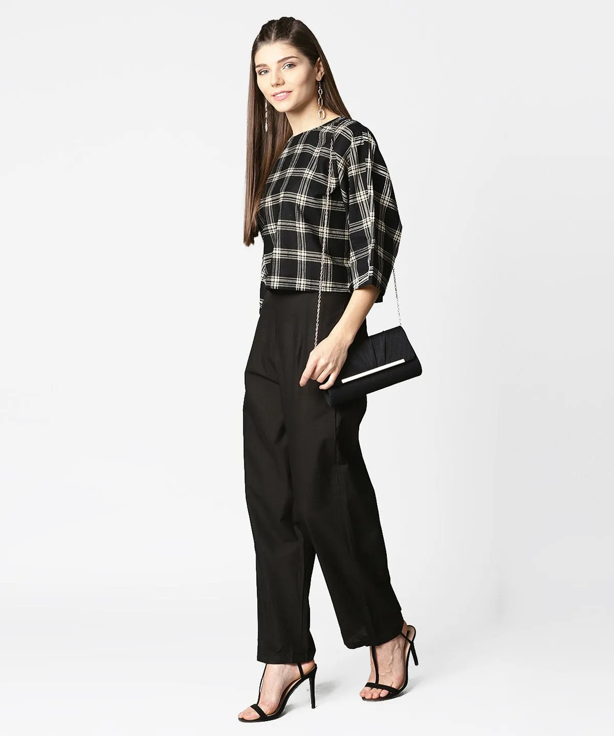 Black Check Flared Sleeve Cotton Top