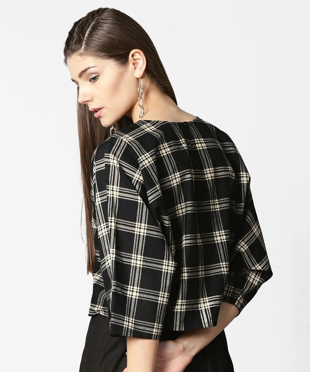 Black Check Flared Sleeve Cotton Top