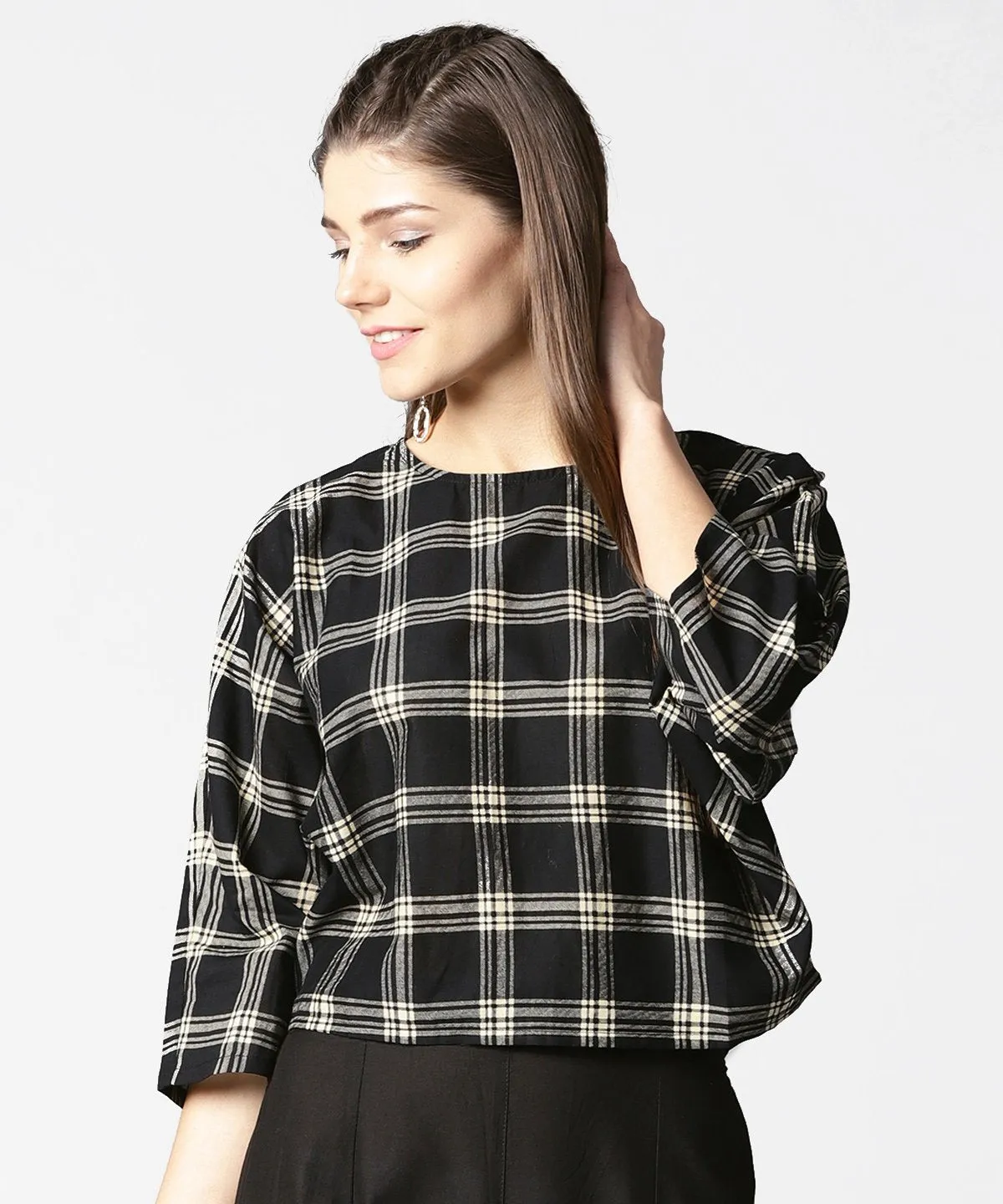 Black Check Flared Sleeve Cotton Top