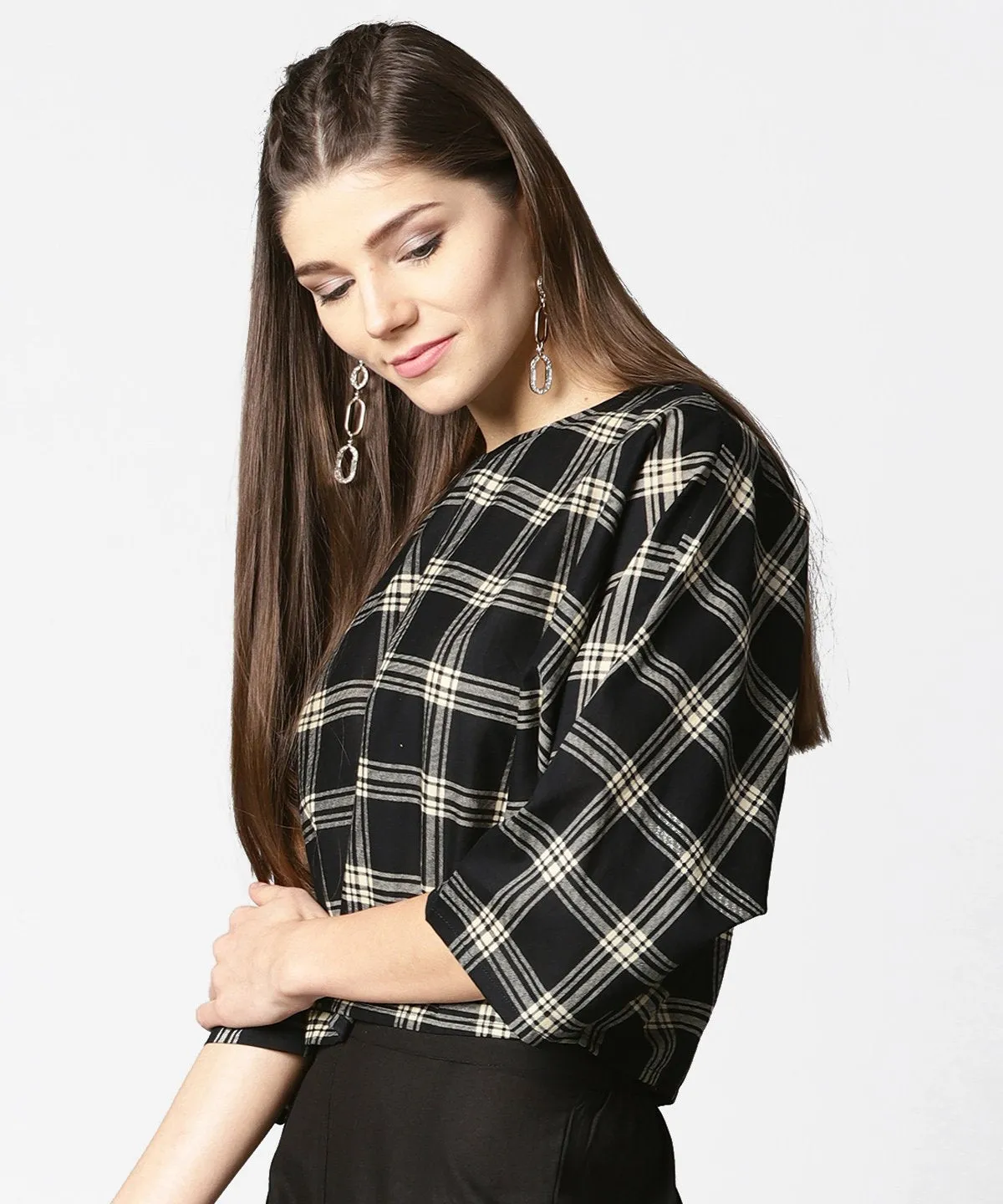 Black Check Flared Sleeve Cotton Top