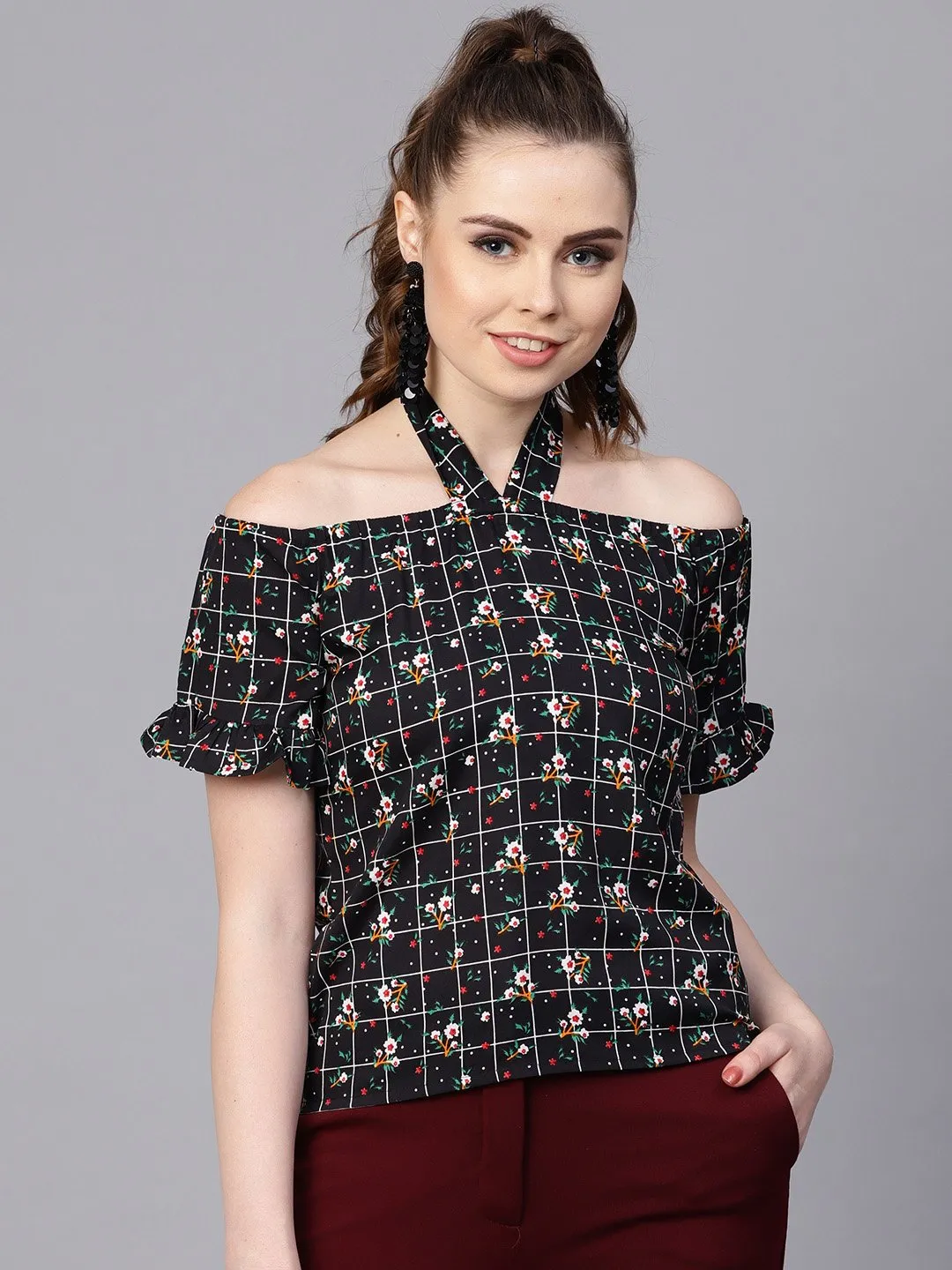 Black Checked Floral Top With Halter Neck & Half Sleeves