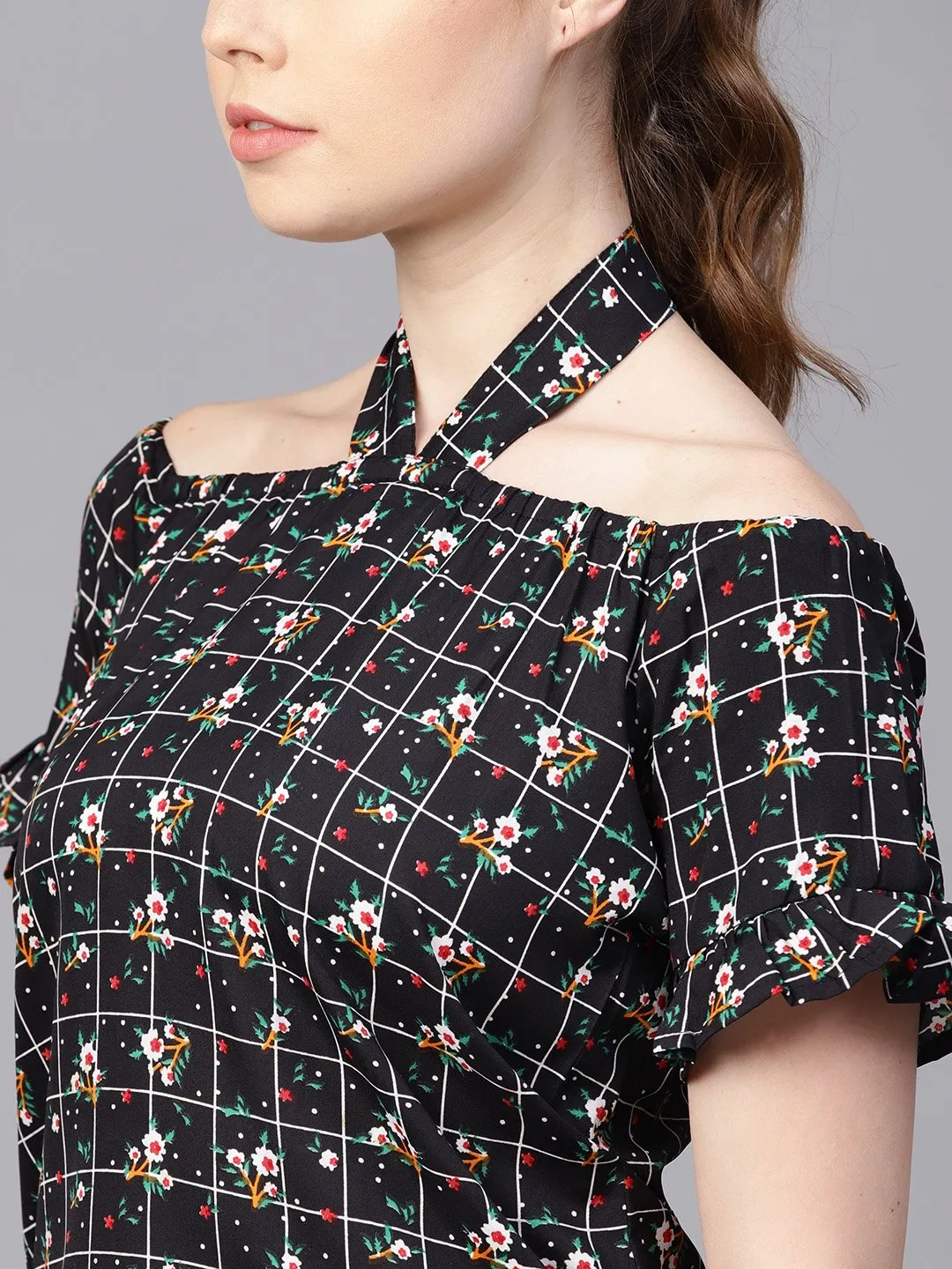 Black Checked Floral Top With Halter Neck & Half Sleeves