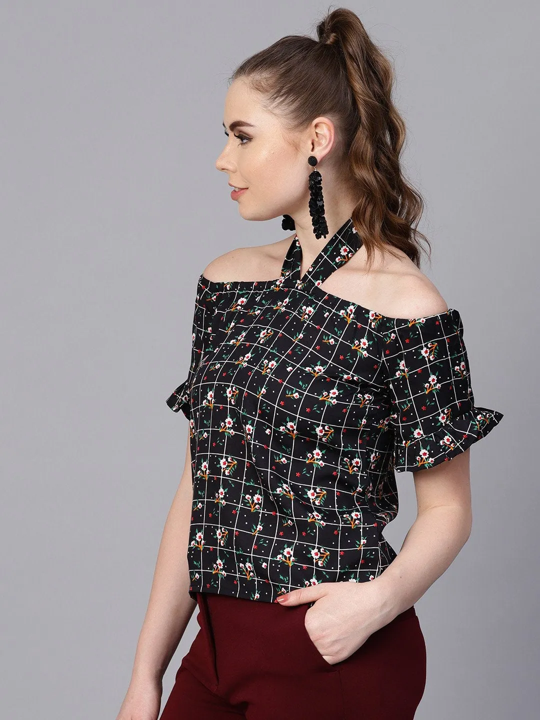 Black Checked Floral Top With Halter Neck & Half Sleeves