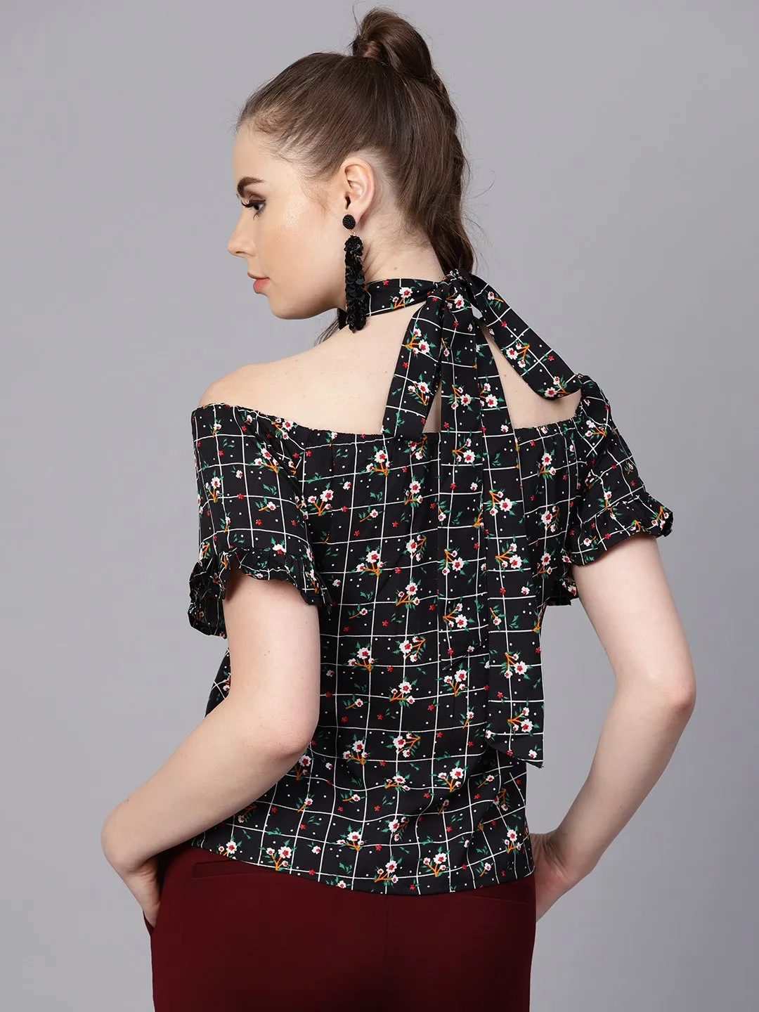 Black Checked Floral Top With Halter Neck & Half Sleeves