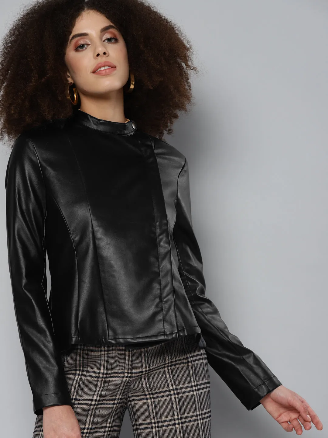 Black Slim Fit Pu Peplum Jacket