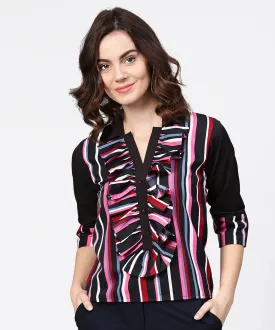 Black Striped Full Sleeve Crepe Tops