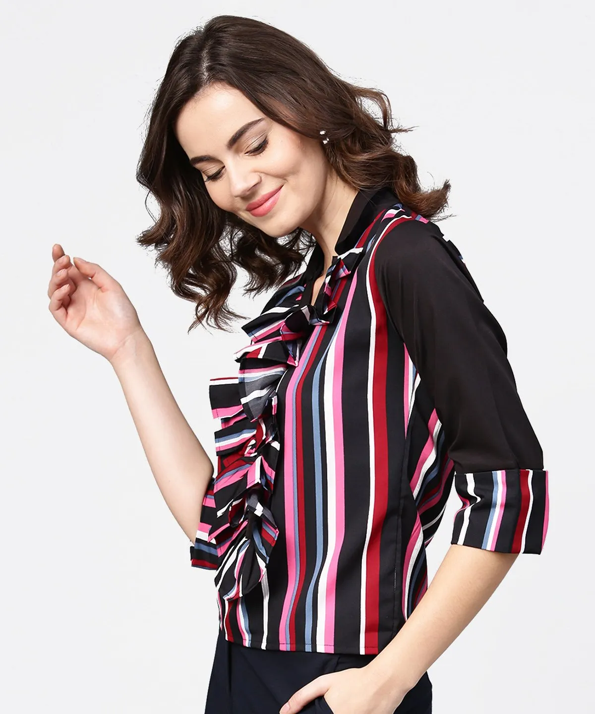 Black Striped Full Sleeve Crepe Tops