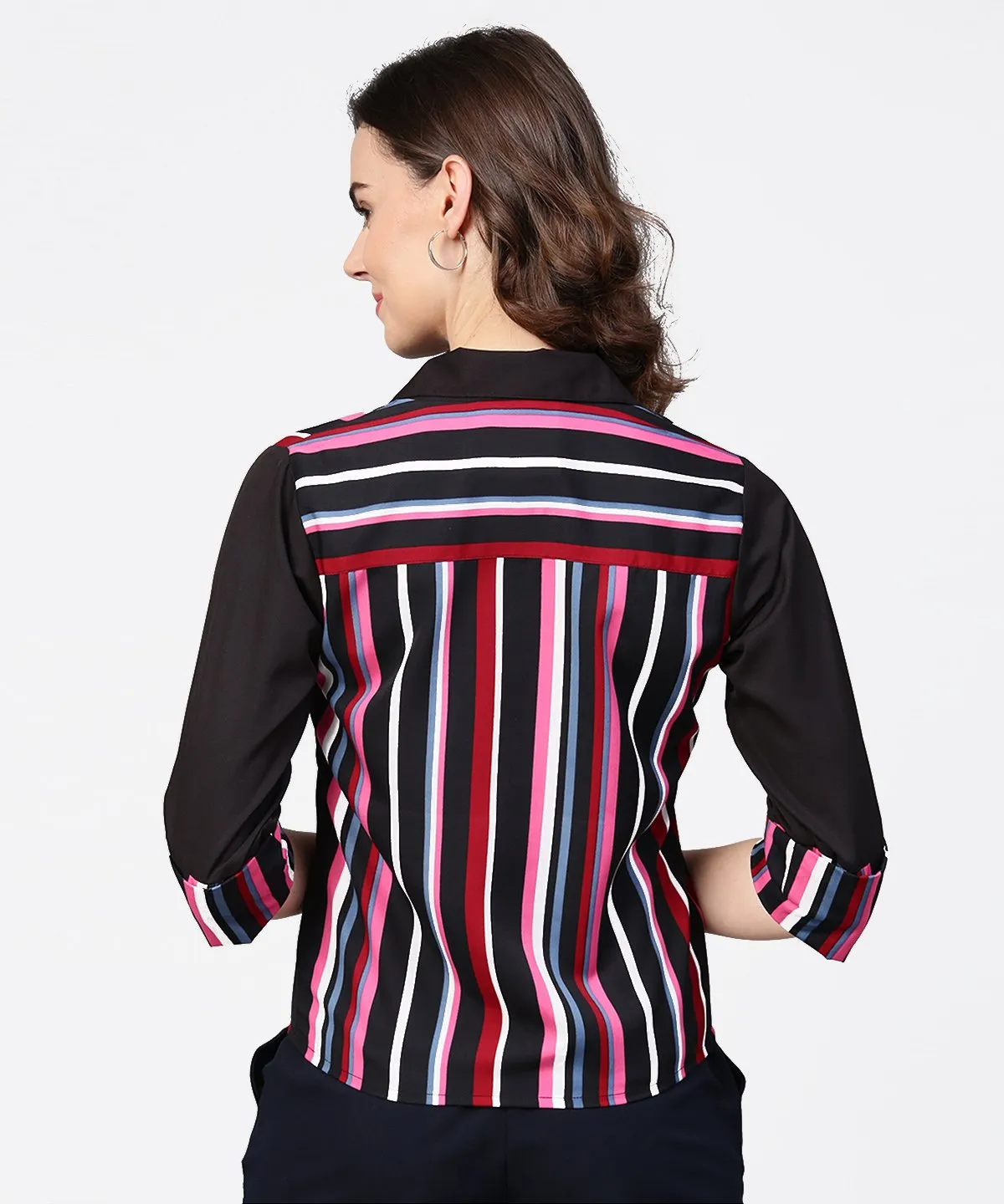 Black Striped Full Sleeve Crepe Tops