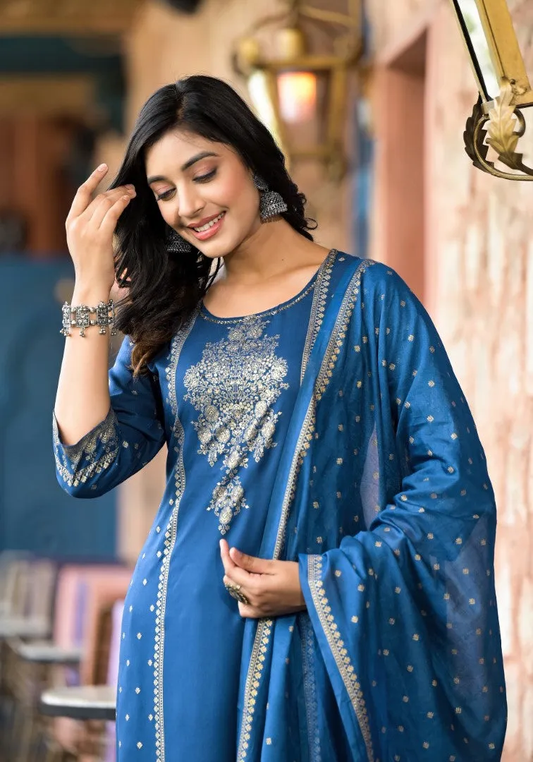 Blue Ethnic Motif Printed Liva Rayon Kurta Pant And Dupatta Set With Sequins & Tassels