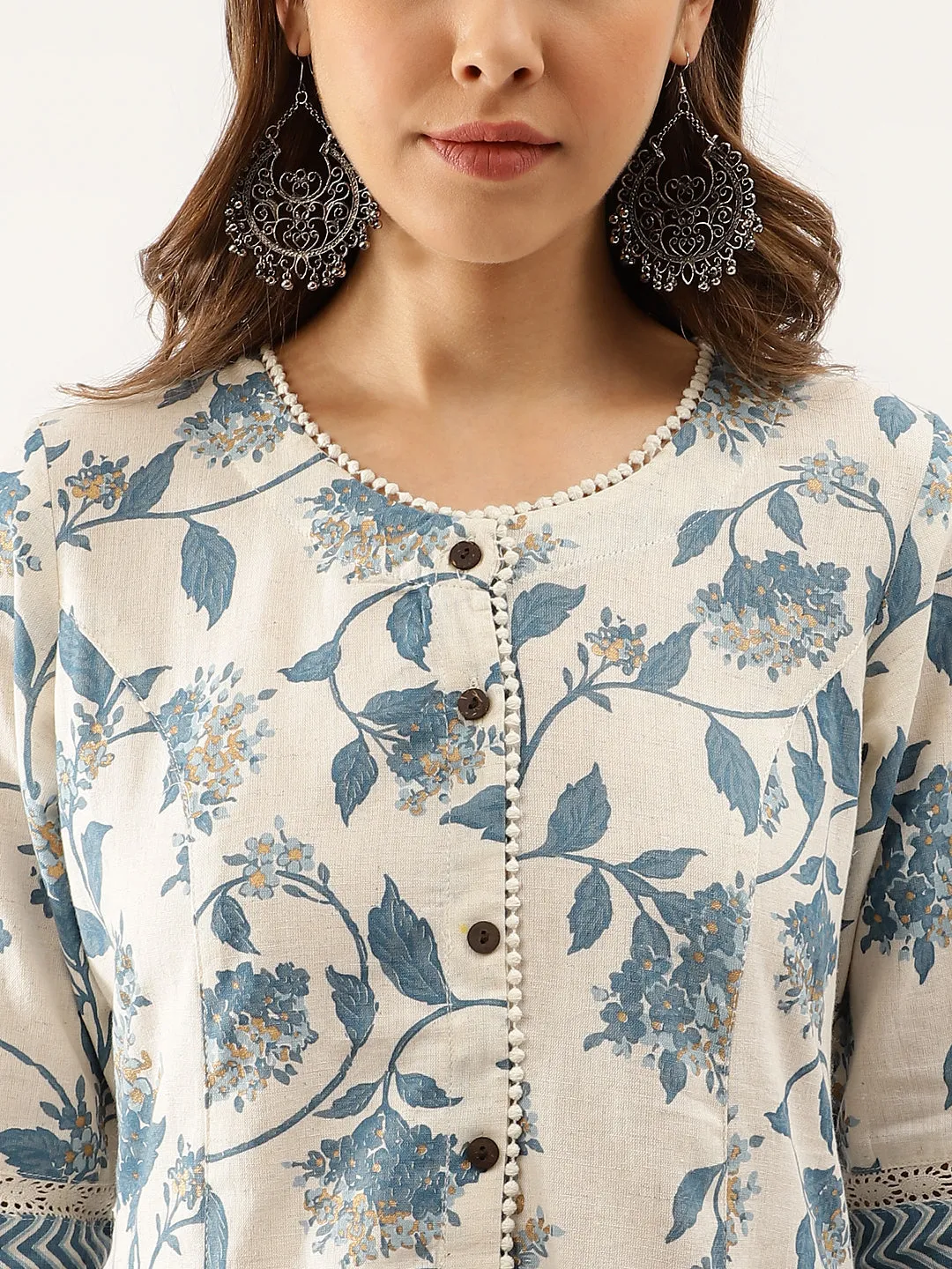 Blue Floral Printed A-Line Kurta