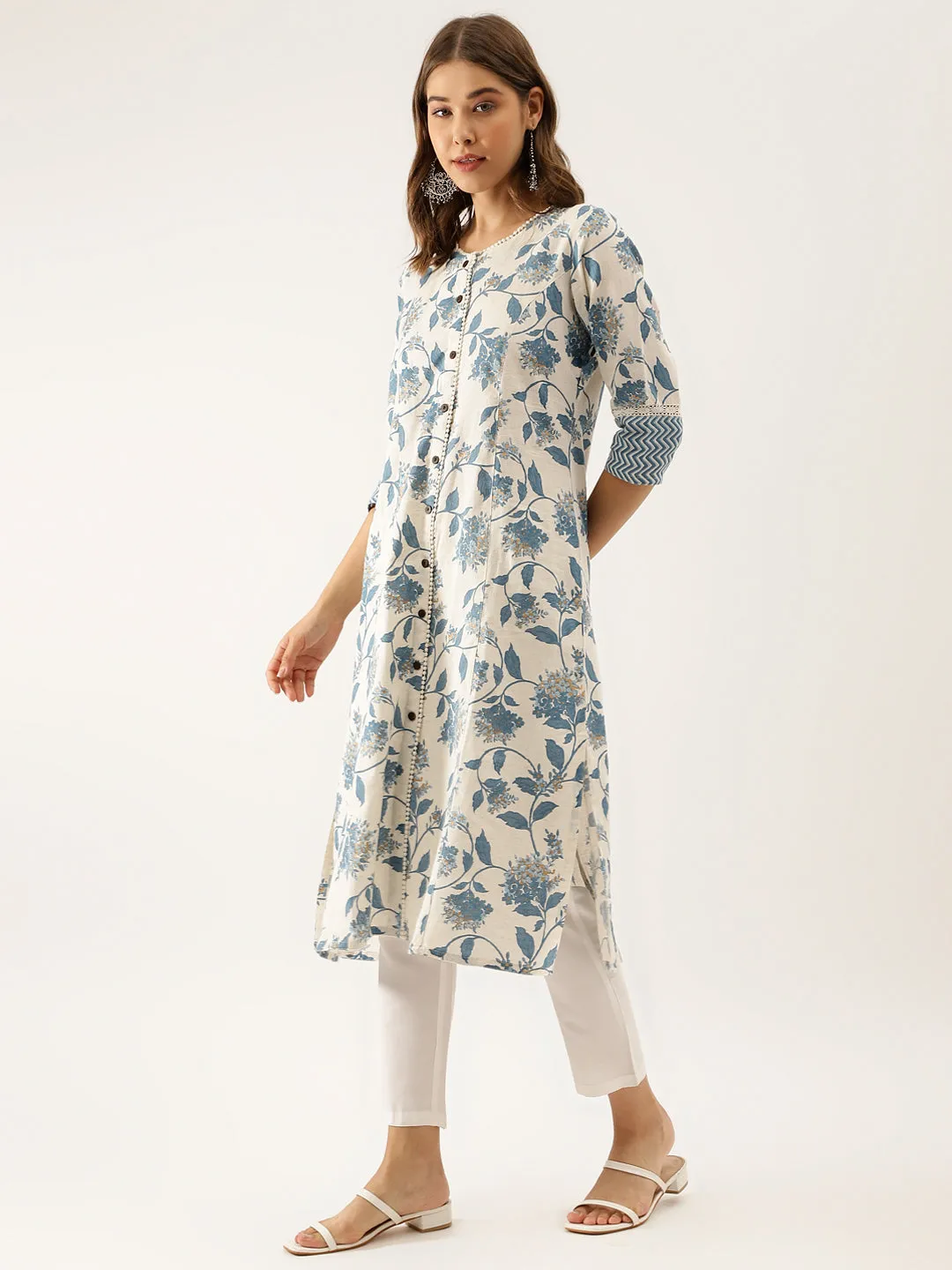 Blue Floral Printed A-Line Kurta