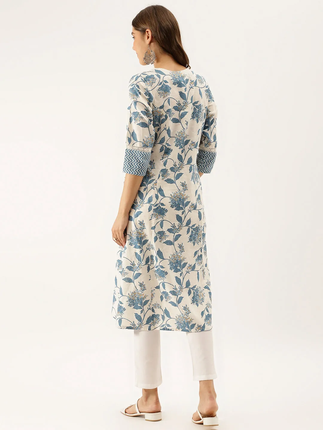 Blue Floral Printed A-Line Kurta