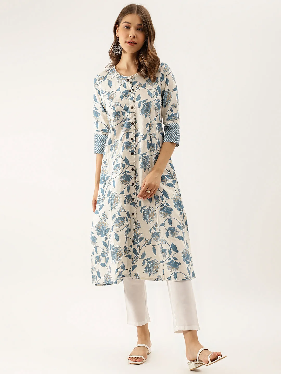 Blue Floral Printed A-Line Kurta