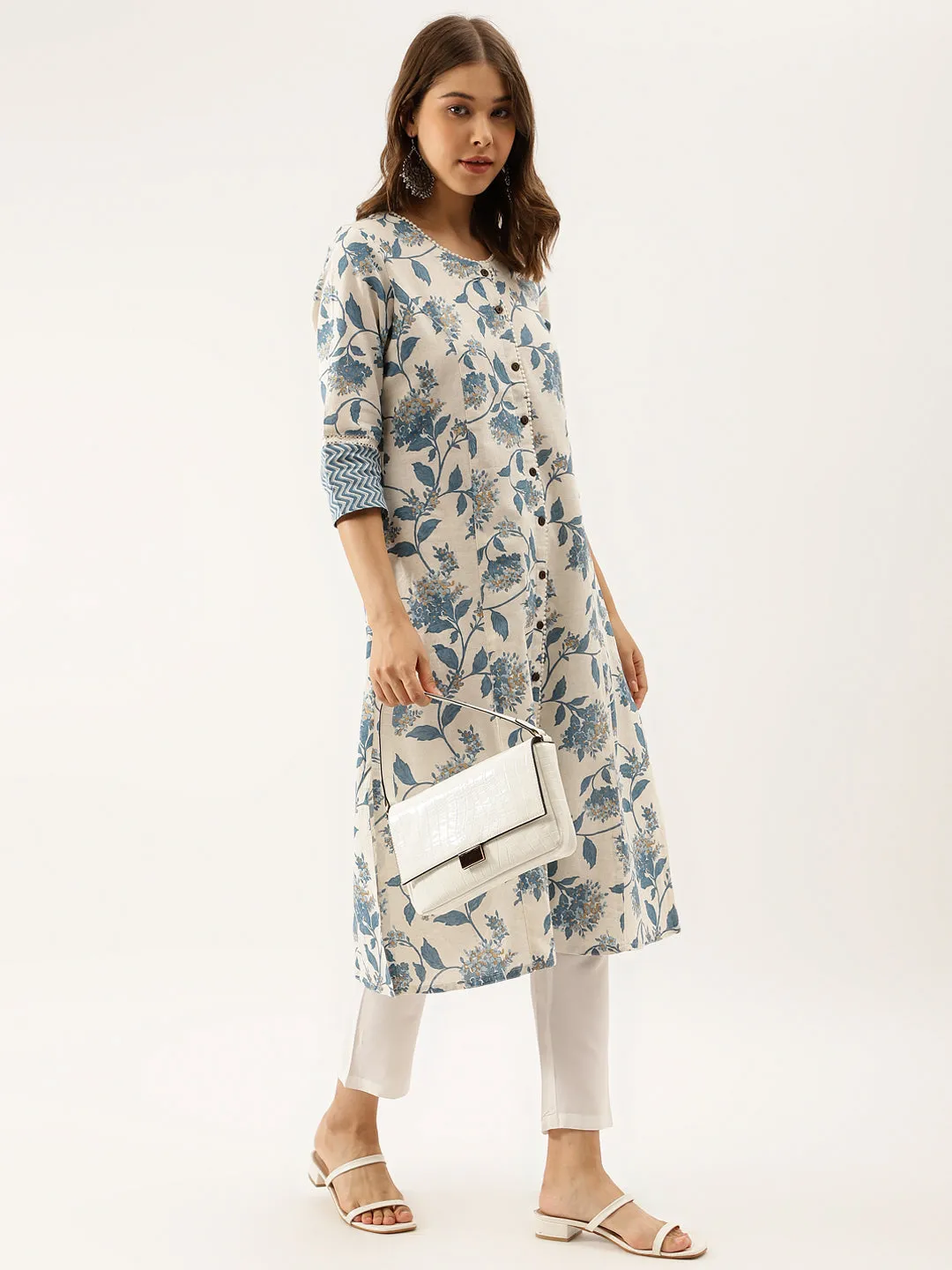 Blue Floral Printed A-Line Kurta