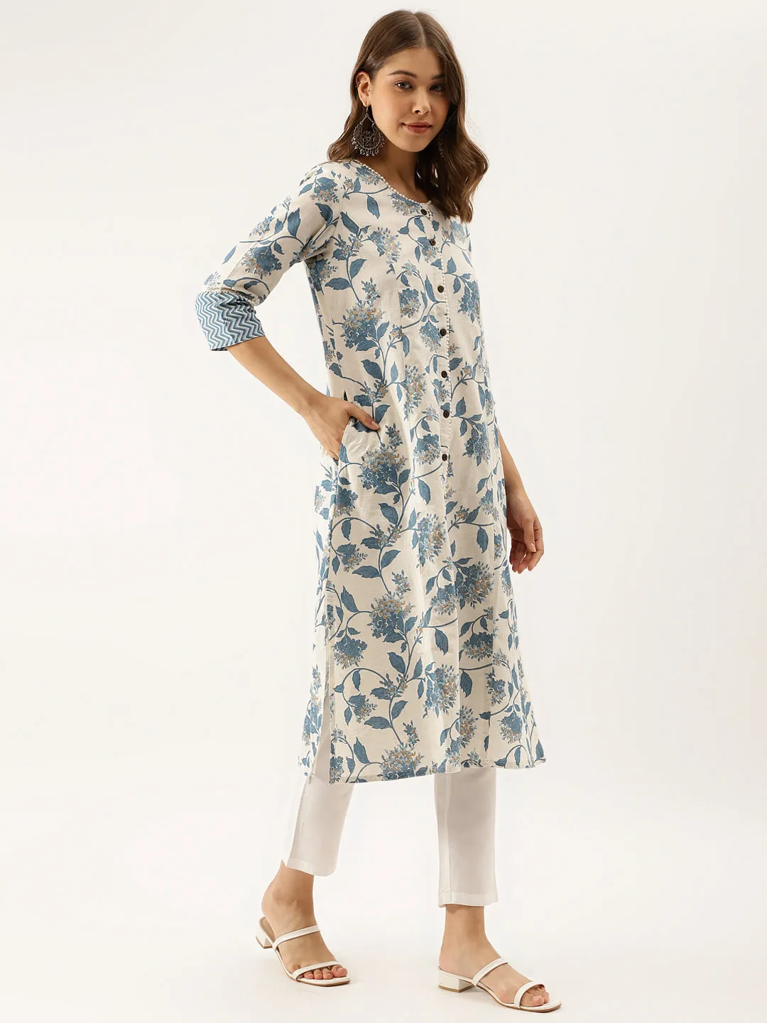 Blue Floral Printed A-Line Kurta