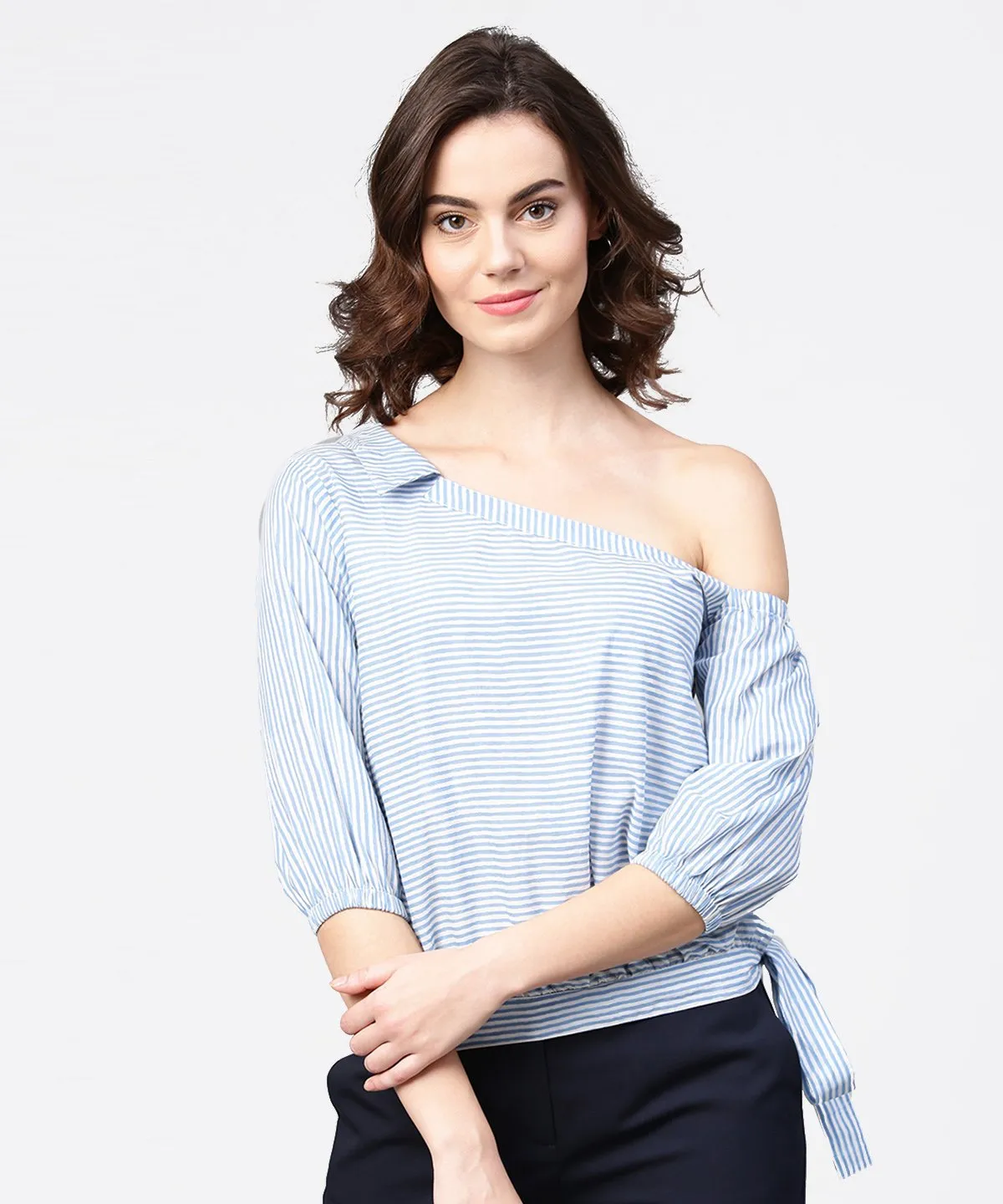 Blue Striped Half One Side Off Shoulder Cotton Tops