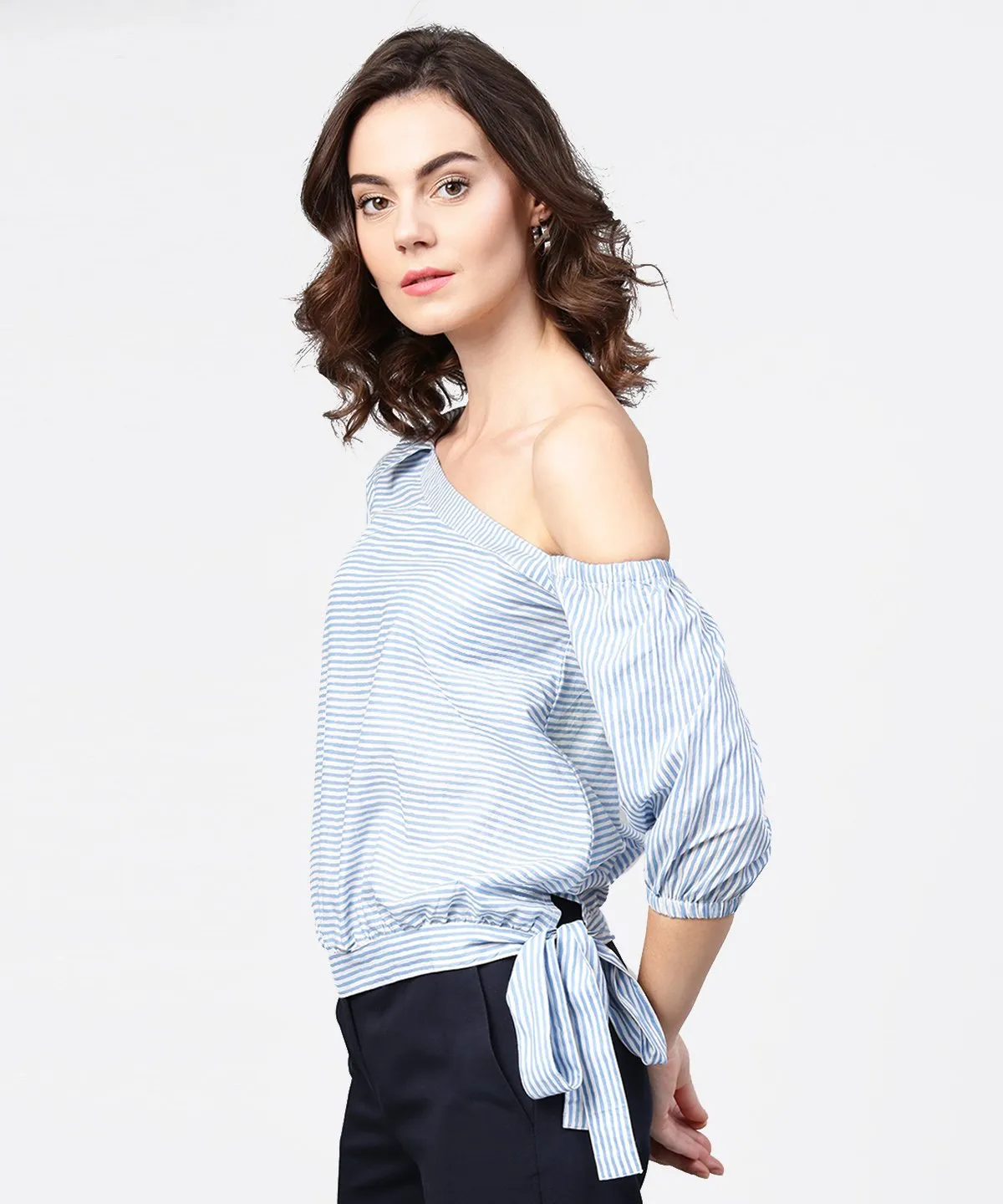 Blue Striped Half One Side Off Shoulder Cotton Tops