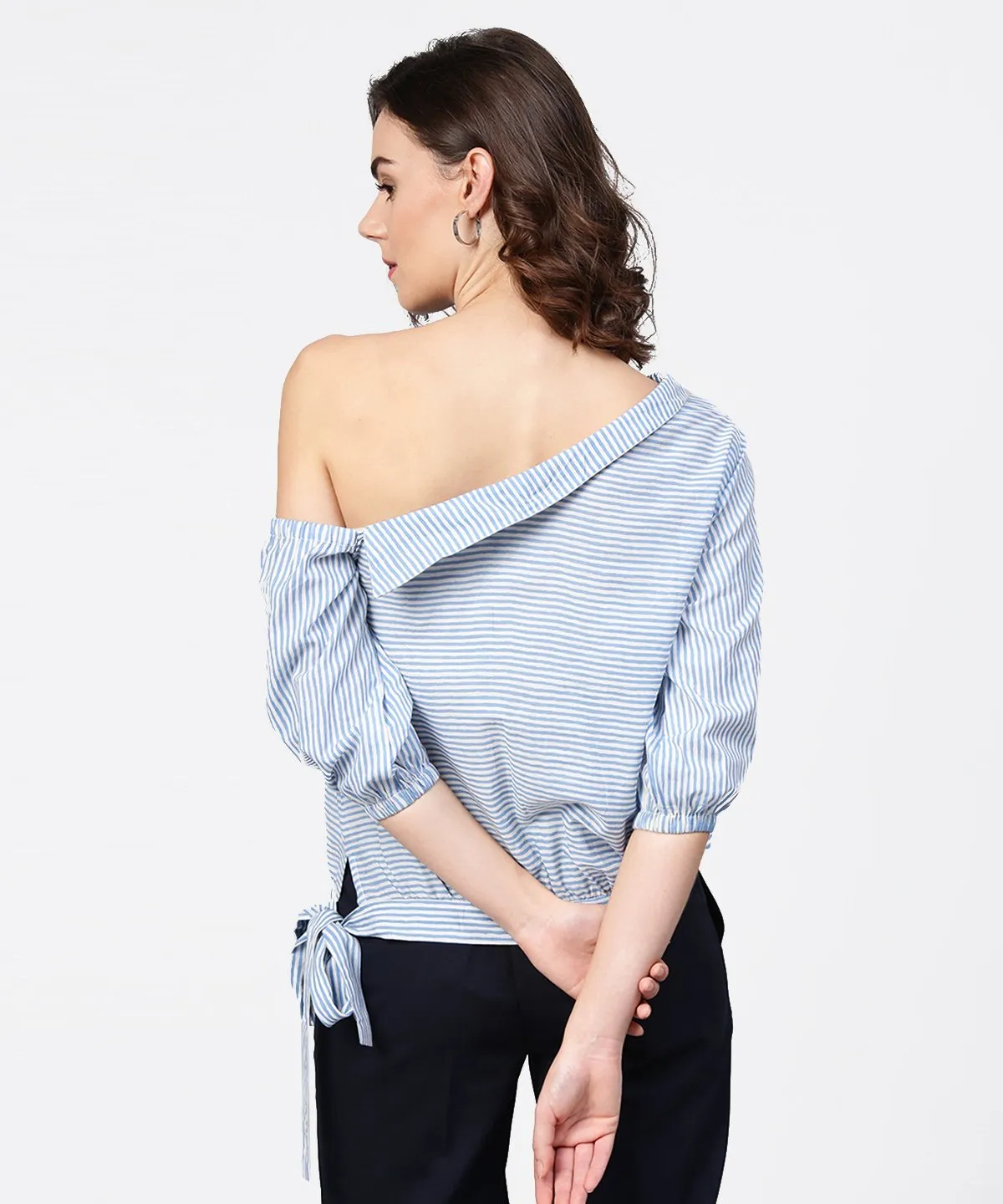 Blue Striped Half One Side Off Shoulder Cotton Tops