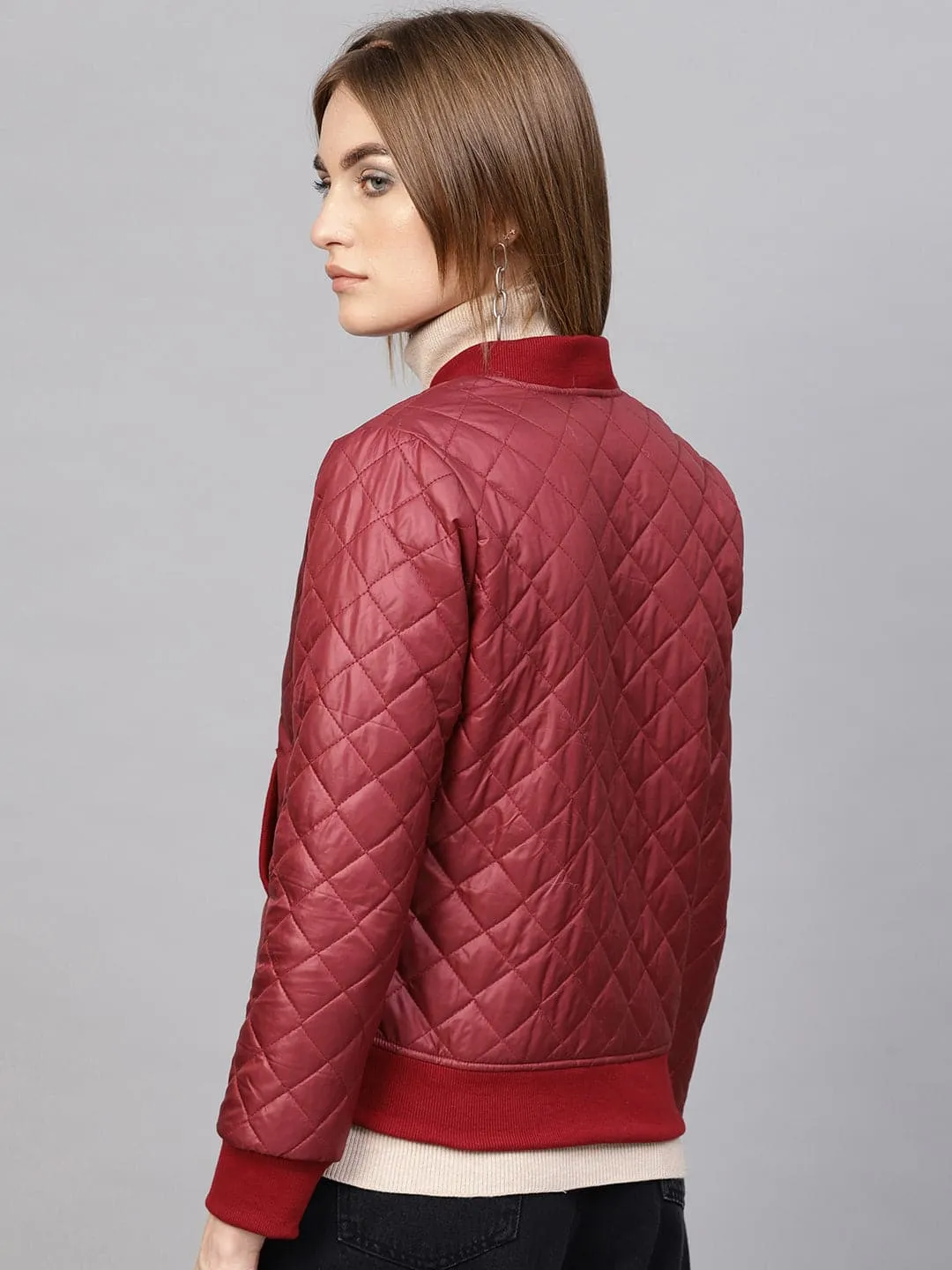 Burgundy Quilted Bomber Jacket