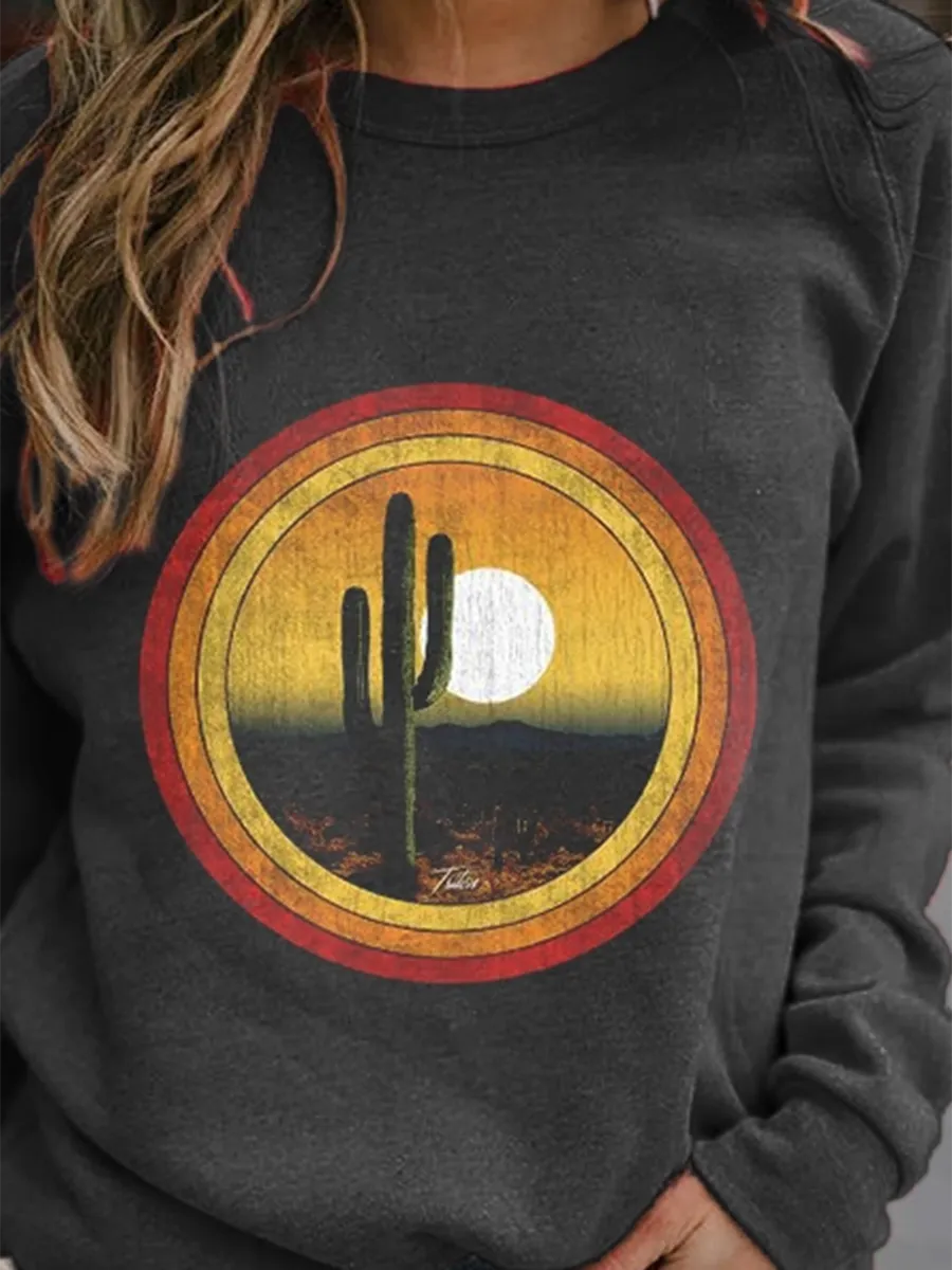 Cactus In the Sunset Printed Pullover Sweatshirt