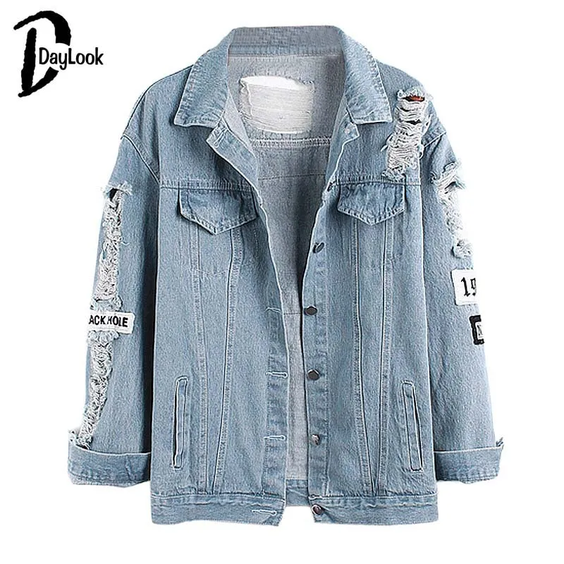 Daylook 2017 Hot Sale Light Blue Letter Patch Ripped Pockets Single Breasted Denim Coat Women Casual Summer Jacket  Wear