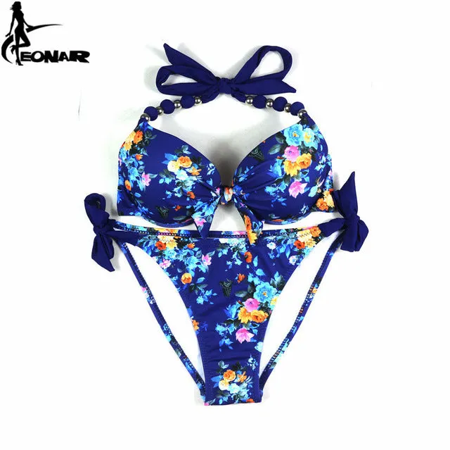 EONAR Bikinis Women 2017 Print Floral Swimsuits Brazilian Push Up Halter Bikini Set Bathing Suits Plus Size Swimwear Female XXL