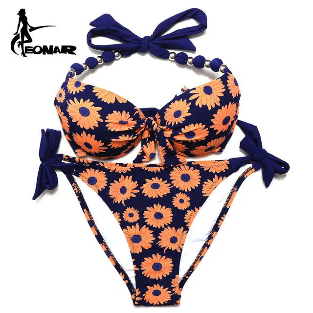 EONAR Bikinis Women 2017 Print Floral Swimsuits Brazilian Push Up Halter Bikini Set Bathing Suits Plus Size Swimwear Female XXL