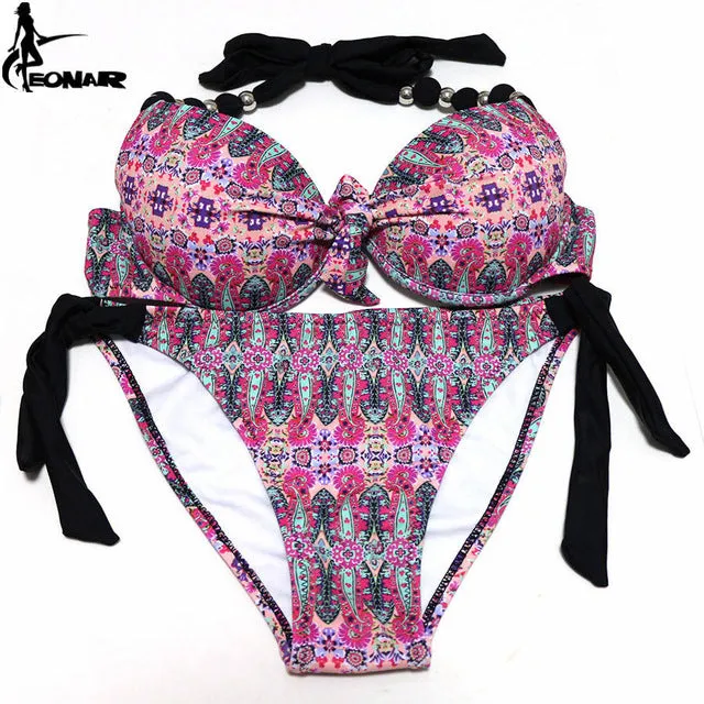 EONAR Bikinis Women 2017 Print Floral Swimsuits Brazilian Push Up Halter Bikini Set Bathing Suits Plus Size Swimwear Female XXL