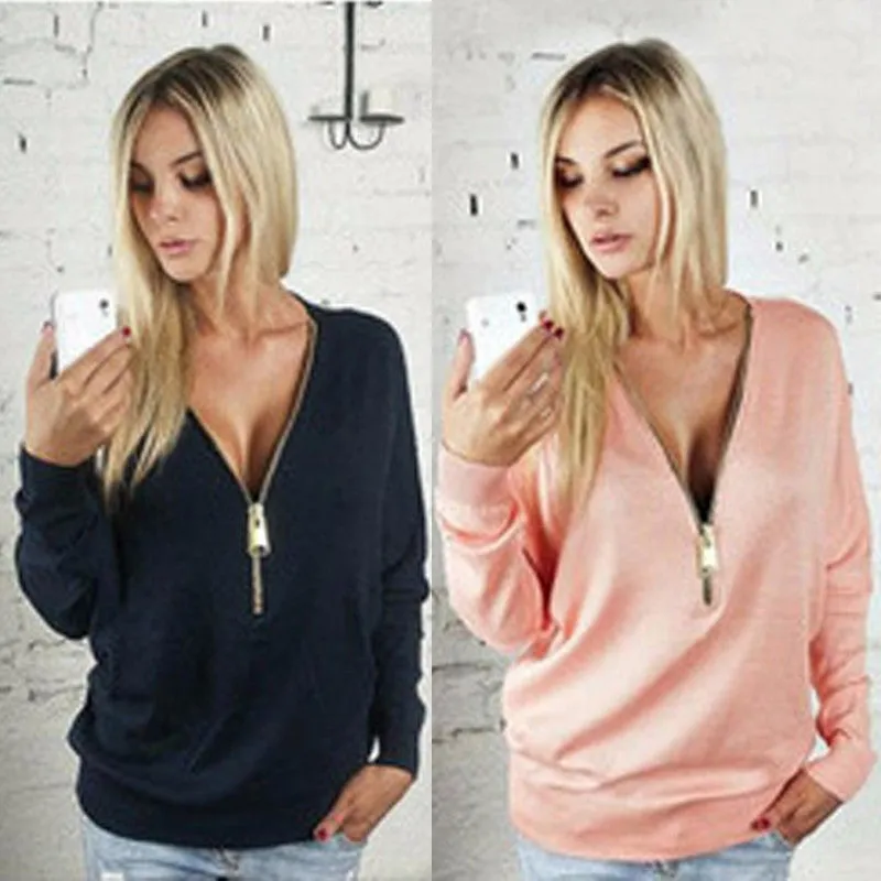 Fashion sexy women t shirt  2016 new v-neck zipper tops long sleeve black T shirt  hot sale