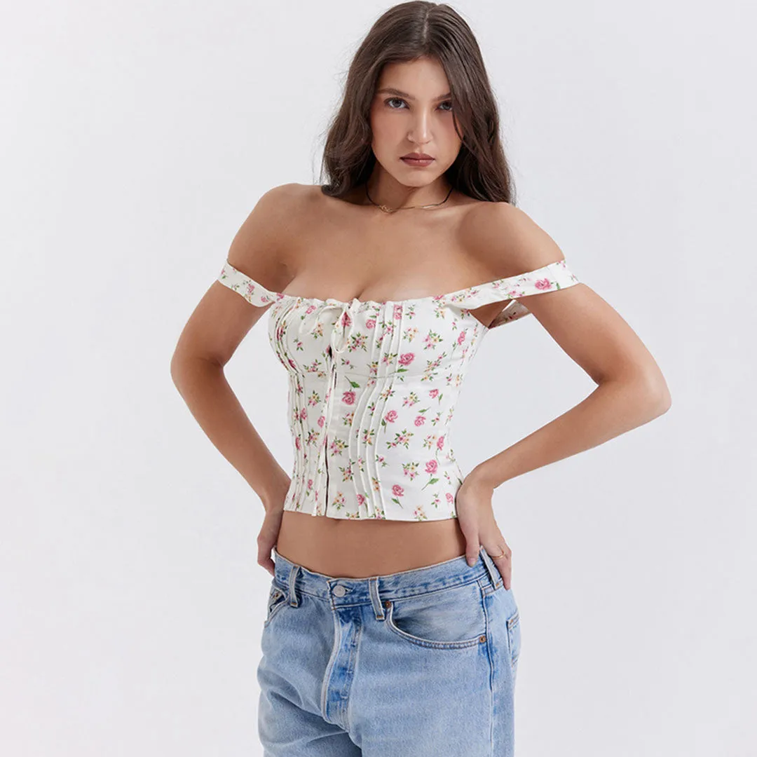 Fresh Tie Front Square Neck Frill Bustier Floral Printed Tank Top - Pink