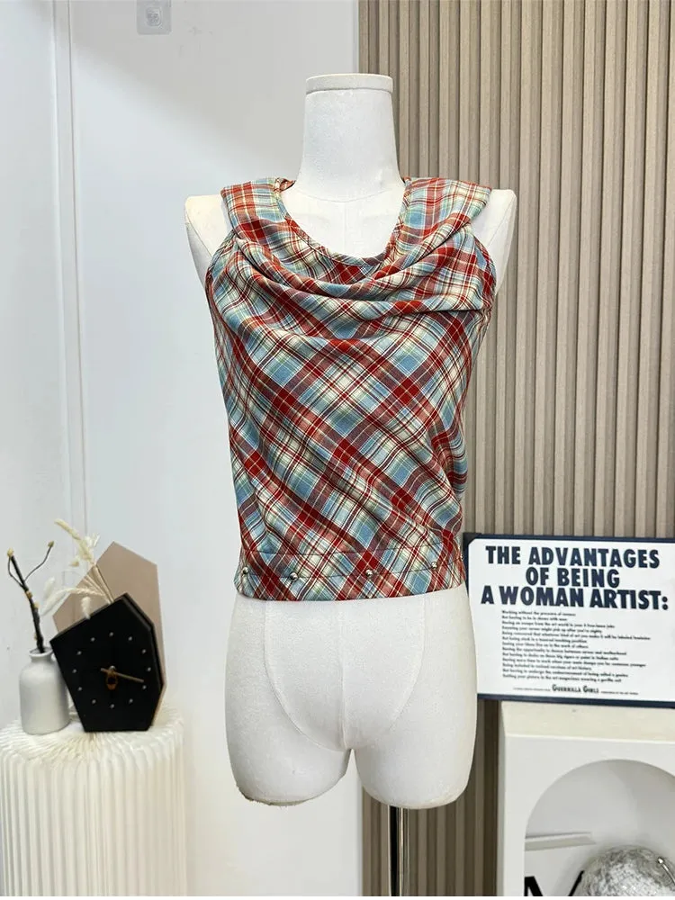 Girlary Summer Women Harajuku Fashion Plaid Hoodies Tank Top Hot 2000s Aesthetic Coquette Crop Tops Gyaru Kpop Sleeveless Design Chic