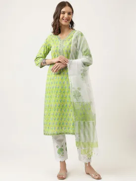 Green Floral Printed Kurta Trouser & Dupatta Set