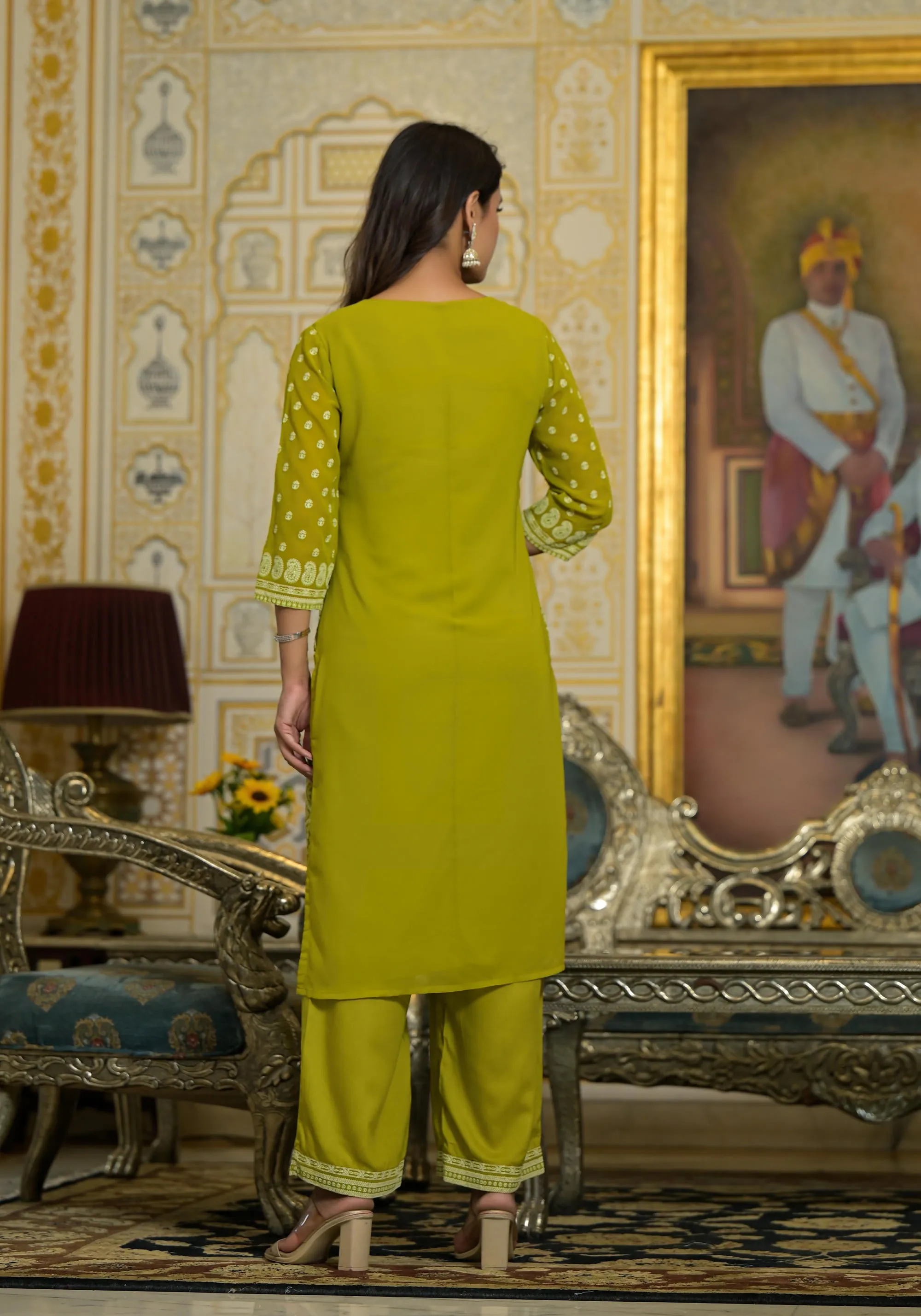 Green Thread Embroidered Georgette Kurta Pant And Dupatta Set With Mirror Work & Sequins