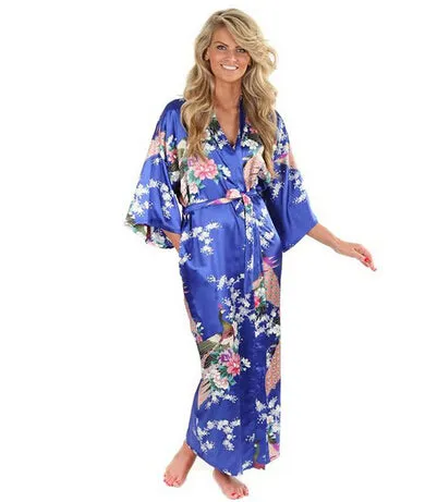 Hot Sale Blue Female Silk Rayon Robes Gown Kimono Yukata Chinese Women Sexy Lingerie Sleepwear Plus Size S M L XL XXL XXXL A-046