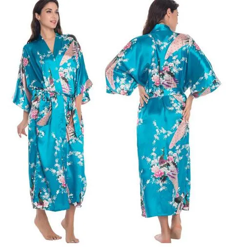 Hot Sale Blue Female Silk Rayon Robes Gown Kimono Yukata Chinese Women Sexy Lingerie Sleepwear Plus Size S M L XL XXL XXXL A-046