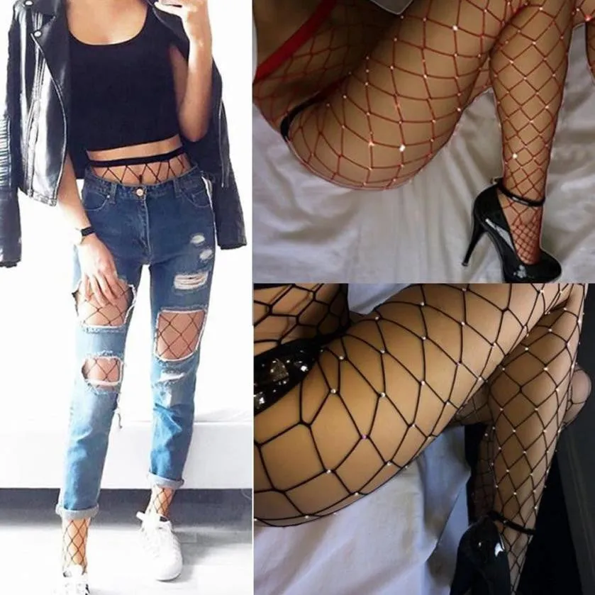 Hot Sale Fashion Hollow Out Socks 2017 Women Rhinestone Elastic Fishnet Stocks Big Fish Net Long Pantyhose 3 Colors