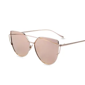 Hot Sale Mirror Flat Lense Women Cat Eye Sunglasses Classic Brand Designer Twin-Beams Rose Gold Frame Sun Glasses for Women M195