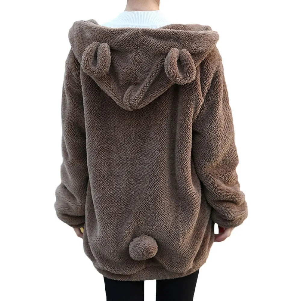 Hot Sale Women Hoodies Zipper Girl  Winter Loose Fluffy Bear Ear Hoodie Hooded Jacket Warm Outerwear Coat Cute Sweatshirt Hoody